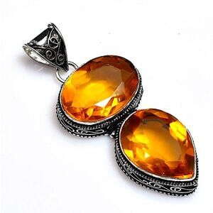 Antique Citrine Pendant Necklace, Sterling Silver, Charm Gemstone, Stat…